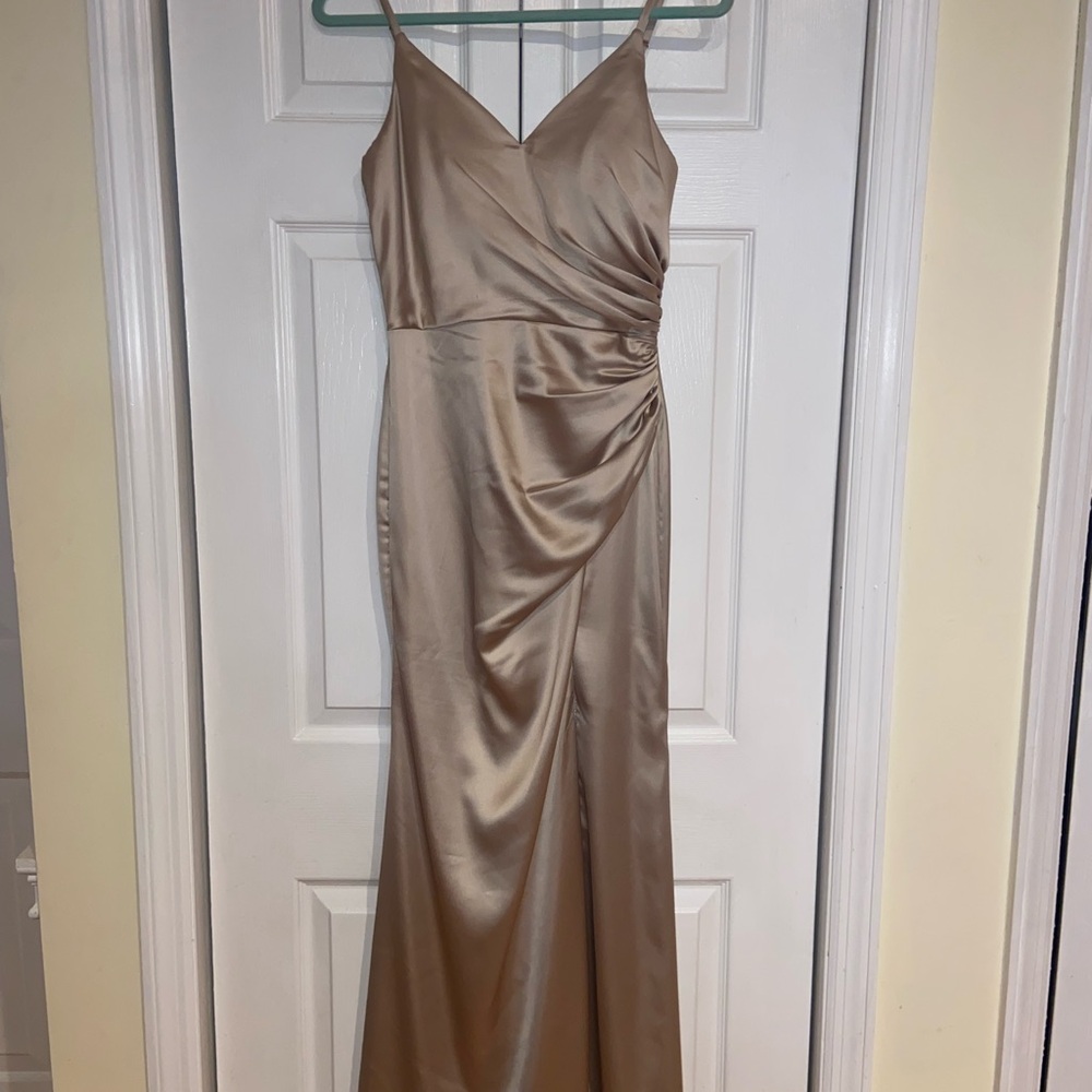 Revelry Elegant Satin Maxi Dress in Gold Champagne